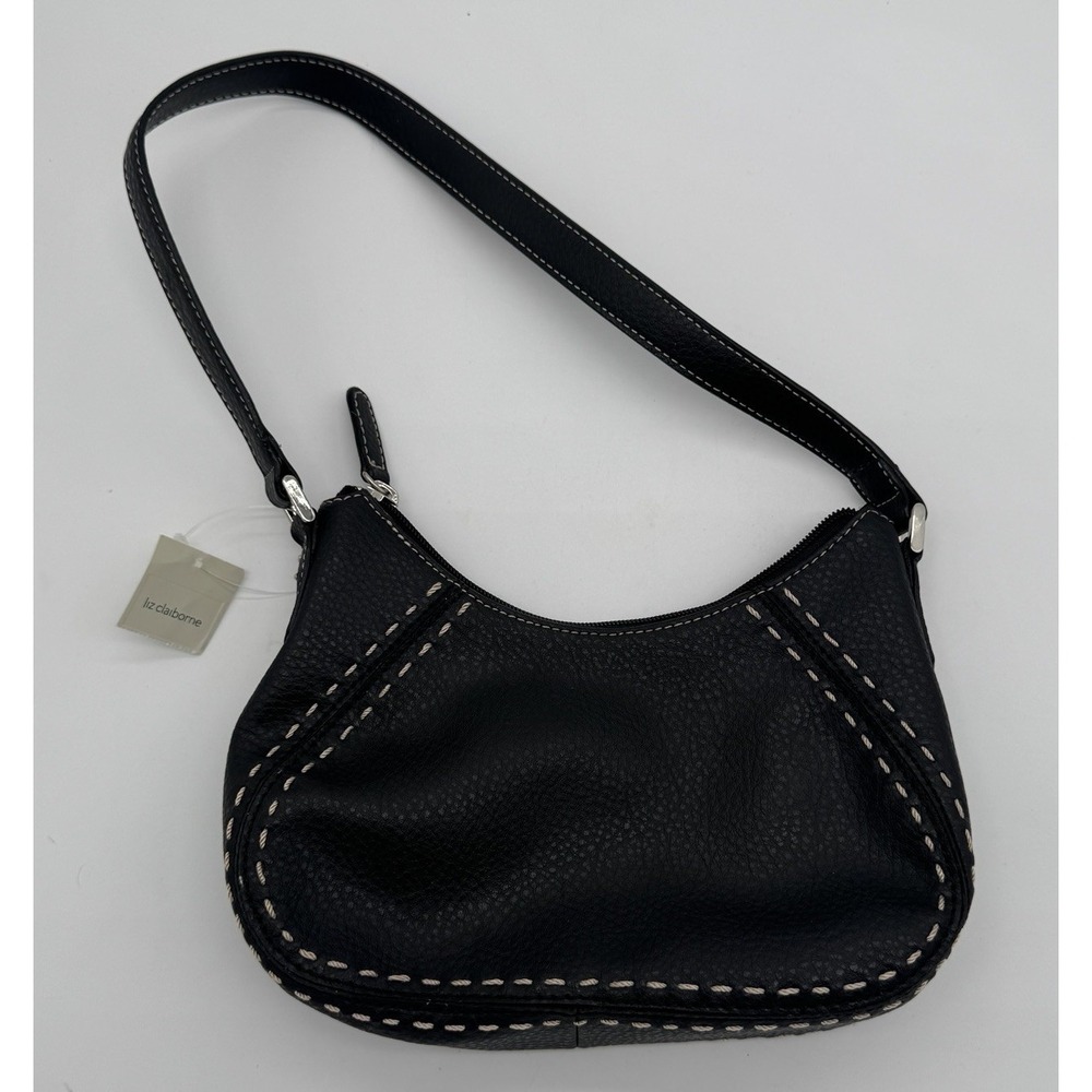 Liz‎ Claiborne Small Black Faux Leather Shoulder Bag White Stitching Zip Y2k NWT